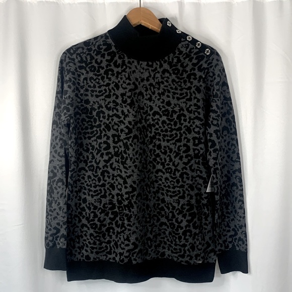 Calvin Klein Gray & Black Mock Neck Animal Print  Sweater w/ Silver Buttons- NWT - Picture 1 of 16